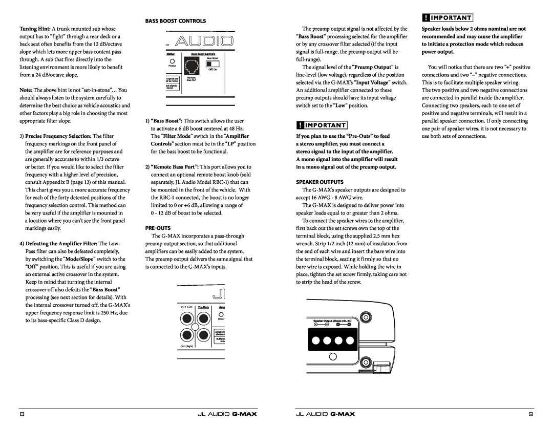 JL Audio RBC-1 owner manual Bass Boost Controls, Speaker loads below 2 ohms nominal are not, Pre-OUTS, Speaker OUTPUTS 